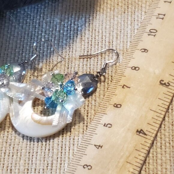 Retro Pearl Shell Czech Crystal White Satin Bows Dangle Earrings - Picture 7 of 9